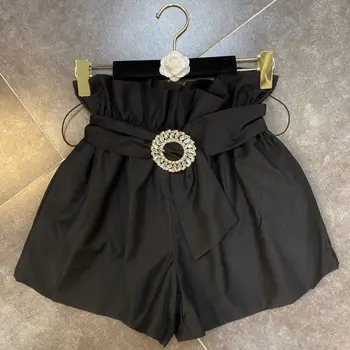 

Summer Wide Leg Shorts Elastic Waist Diamond Buckle Belt Waist Wide Leg Flower Bud Shorts Women
