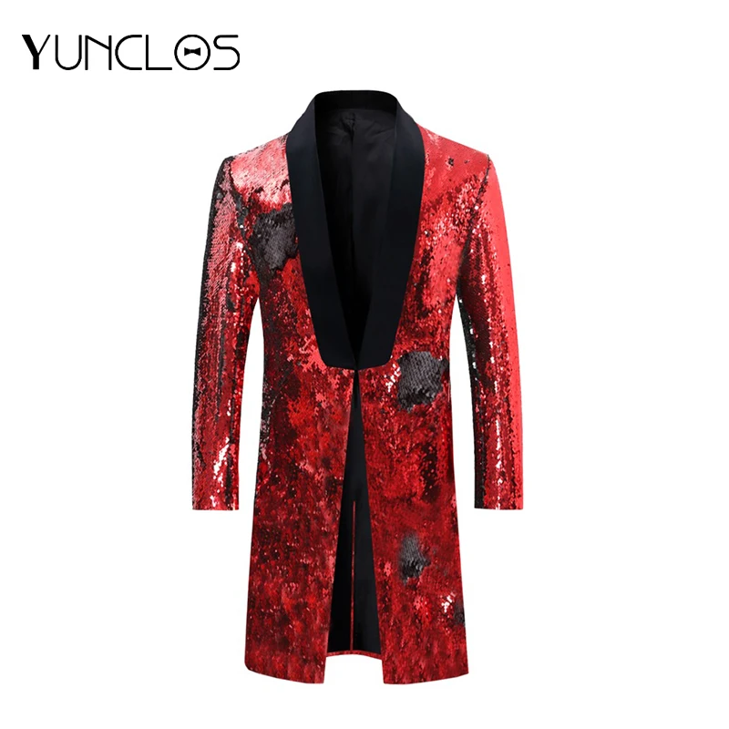 

YUNCLOS Red Black Sequin Banquet Tuxedos Men Long Costume Homme No Buckle No Pocket Men Long Jackets Party Jacket Men 4XL