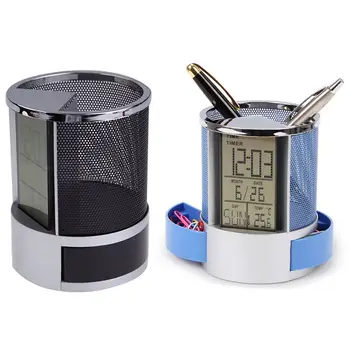 

Mesh Pen Pencil Holder With Digital Lcd Office Desk Clock With Time Temp Calendar Function