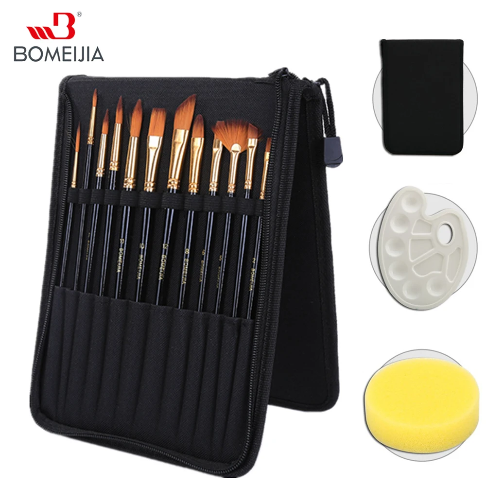 12pcs Paint Brush Set And Palette With 12 Brushes & Carrying Case For