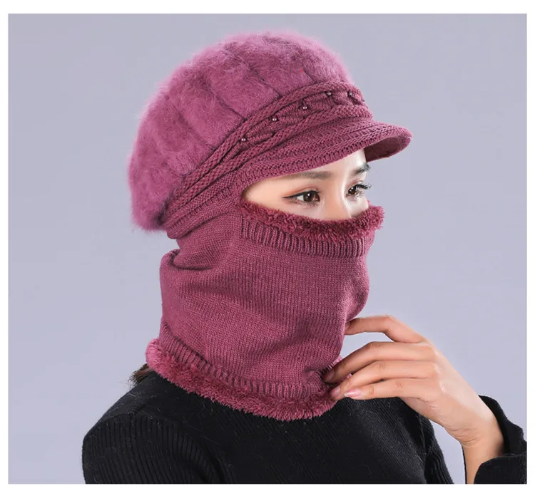 High Quality Women Plush Rabbit Fur Knit Hat Warm Winter Hat And Scarf Beret Beanie Hat Ski Casual Headwear - Color: Lavender