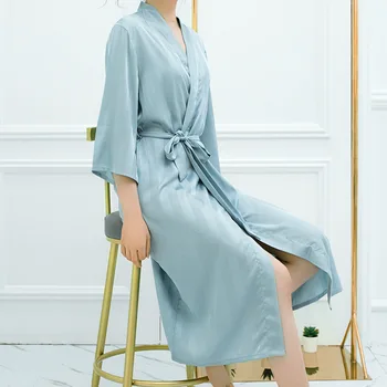 

Satin Nightgown for Summer Female Morning Bath Robe for Home Wear Mid-length Light Green Color Kimono Robe for Women Summer