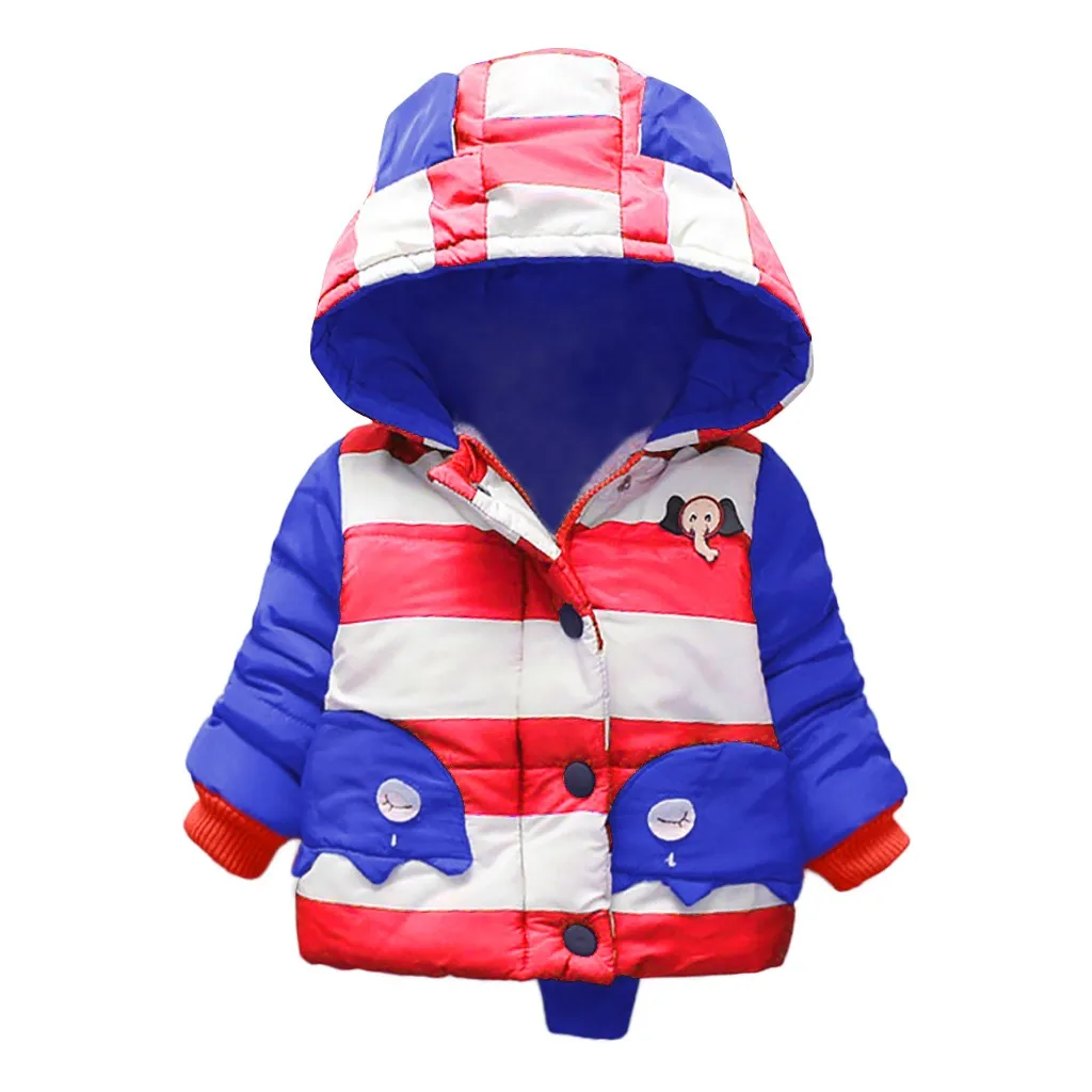 Winter Keep Warm Children Kids Boys Girls Clothes Winter Cartoon Printed Patchwork Color Zipper Cotton Jacket Hooded Coat