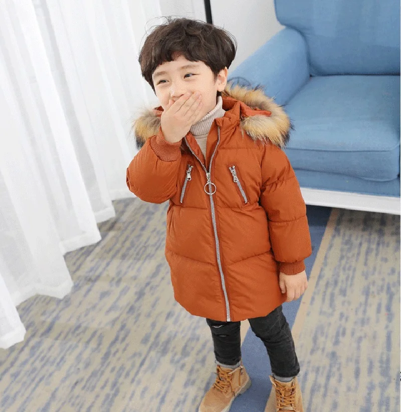 Детская одежда коллекция года, зимняя куртка для девочек, теплые длинные пуховые пальто с меховым воротником и капюшоном для мальчиков, куртки для 2, 3, 4, 5, 6, 7, 8 лет