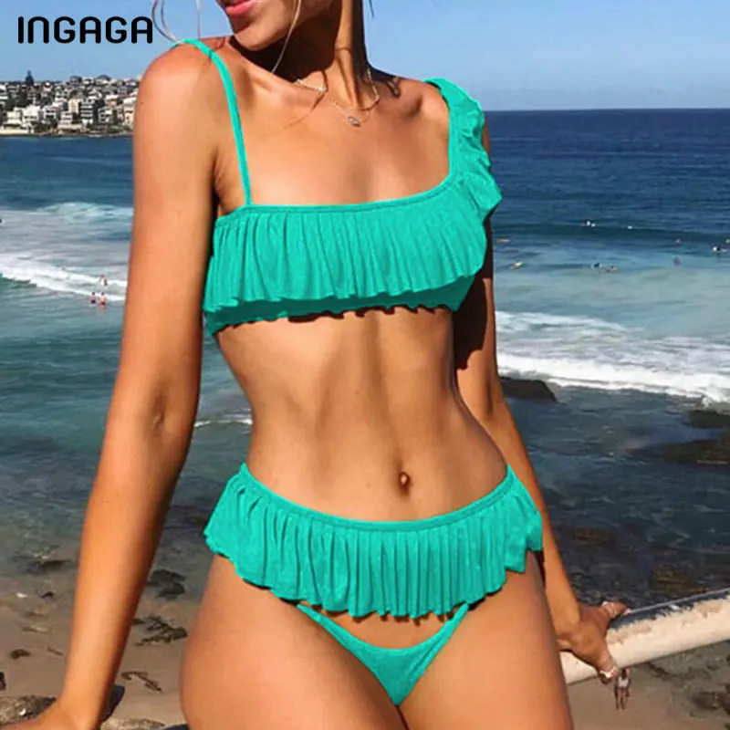 INGAGA 2019 комплект бикини с рюшами, купальники для женщин, сексуальные раздельные женские купальные трусики, купальный костюм для женщин