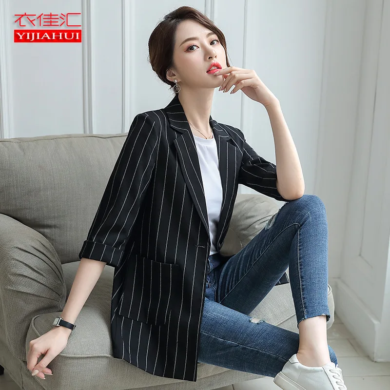 

Suit Jacket Women's Summer Thin Section Online Celebrity Mid-length White Stripes 2019 New Style Three-quarter-length Sleeve Cas