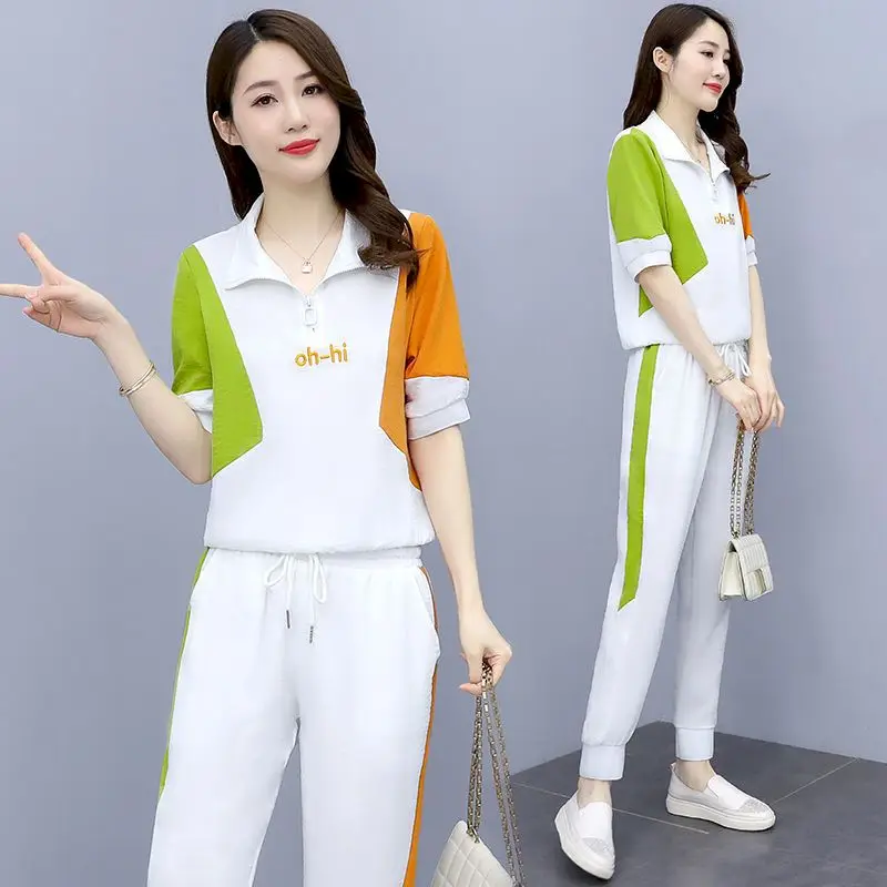 Новинка лета 2024, женские комплекты, Модный повседневный костюм большого размера, спортивные футболки и брюки с коротким рукавом для снижения возраста, комплекты из двух предметов