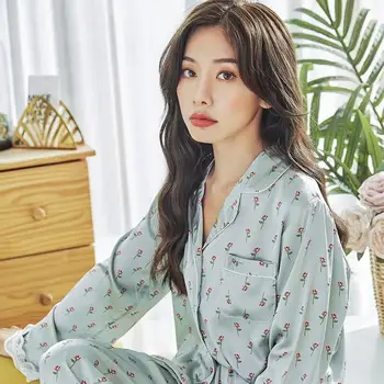 

Women's Pajamas Sets 2019 Autumn Thin Silk Satin Long Sleeve Pants Suit Small Fresh Lace Suit Female 2 Piece Winter Homewear