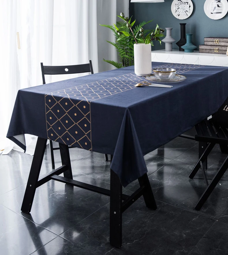 New Luxury Velvet Table Cloth Decorative Geometric Print Navy Blue Tablecloth Dining Table Cover Mantel Gold Obrus ZC088