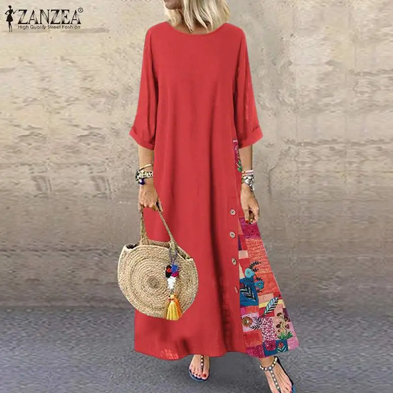 ZANZEA винтажное платье макси на шпильке женский сарафан с принтом хлопок 3/4 рукав вечерние платья женский халат в цветочек плюс размер