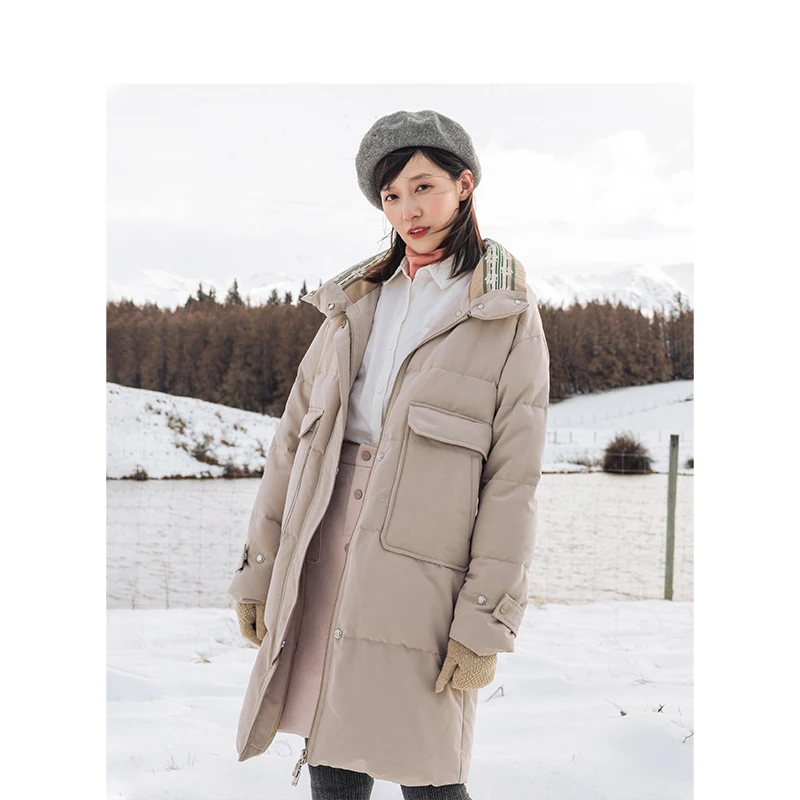 Beste Inman Winter Stand Up Kraag Multipurpose Pocket Solid Warm Vrouwen Lange Down Jas