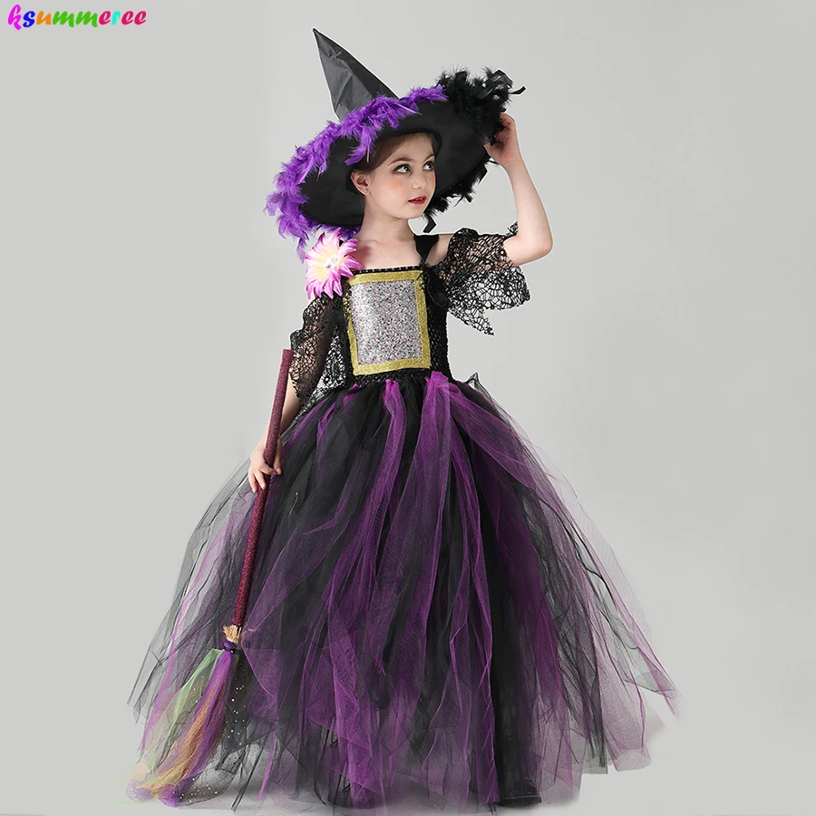 紫黒人ガールハロウィン魔女帽子子供カーニバルパーティーコスプレファンシードレスアップガウン魔女ドレス