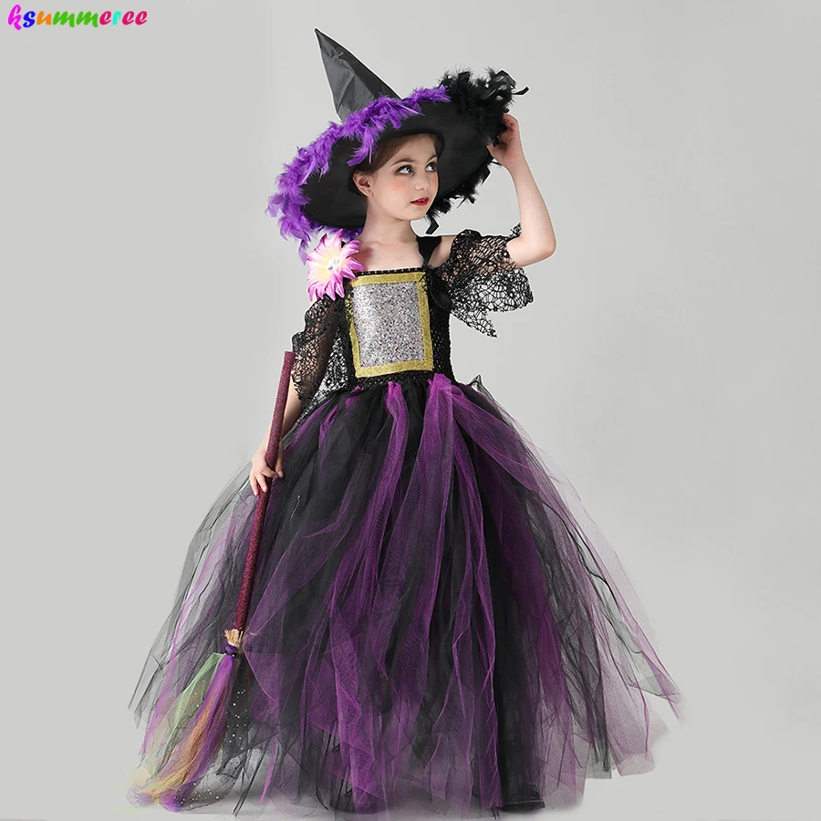 紫黒人ガールハロウィン魔女帽子子供カーニバルパーティーコスプレファンシードレスアップガウン魔女ドレス Aliexpress