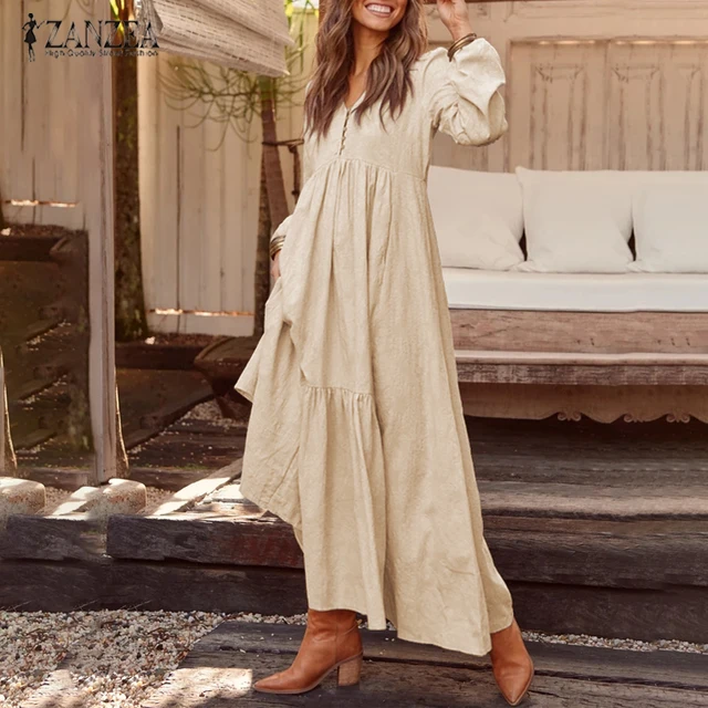 Bohemian Shirt Dress Women's Maxi Sundress ZANZEA 2021 Spring Elegant Casual V Neck Ruflle Vestido Female Long Sleeve Tunic Robe 1