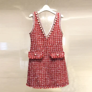 

NIWIY Brand Dress Spring V-neck Tweed Sexy Woman Dress 2020 Sleeveless Evening Party Lolita Dress Kerst Jurk Ropa Mujer K9127