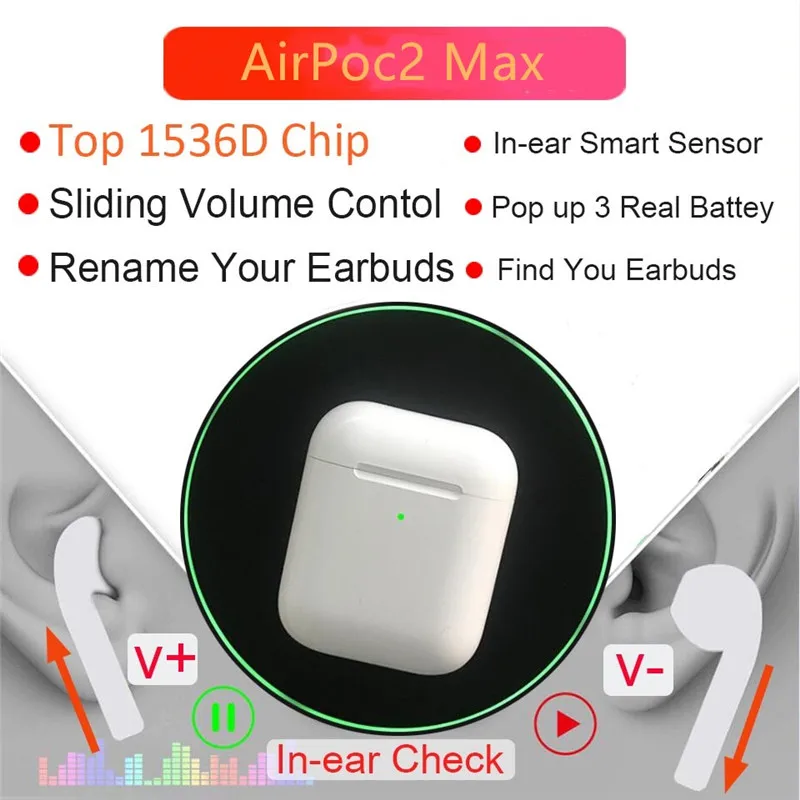 Airpoc2 Max GPS TWS Volume Control Smart Sensor Change Name Positioning Earbuds Bluetooth Earphone Head phone PK i90000 Pro TWS