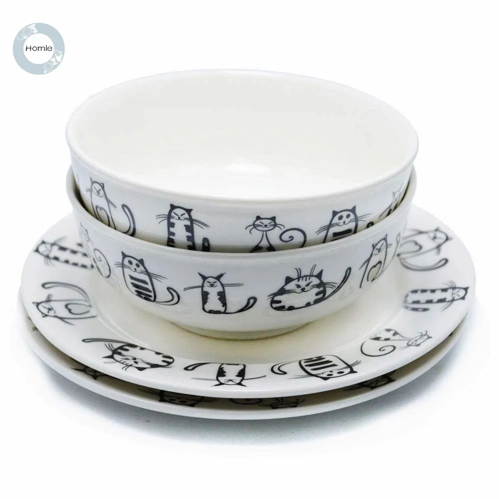 

Homies Japanese Style cat Plate Ceramic Dish Dinner Dinnerware Set Sauce Rice Soup Bowls Noodles bowl kitty cat mug for Cat Love