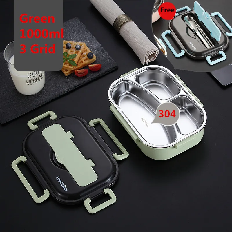 1000ml 3 Grid Green Японский детский термо-Ланч-бокс из нержавеющей стали 304, Bento с отсеком, посуда, контейнер для микроволновой печи, термос для еды - Цвет: 1000ml 3 Grid Green