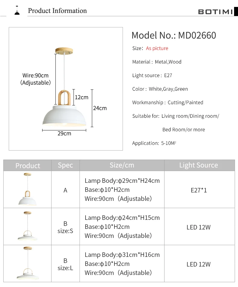 BOTIMI White Metal LED Pendant Lights For Dining Room Modern Indoor Wooden Kitchen Gray Hanging Lamp