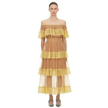 

Sexy Strapless Cascading Ruffle Pleated Long Dress 2020 Summer Women Sexy Off Shoulder Mesh Lace Long Holiday Beach Dress