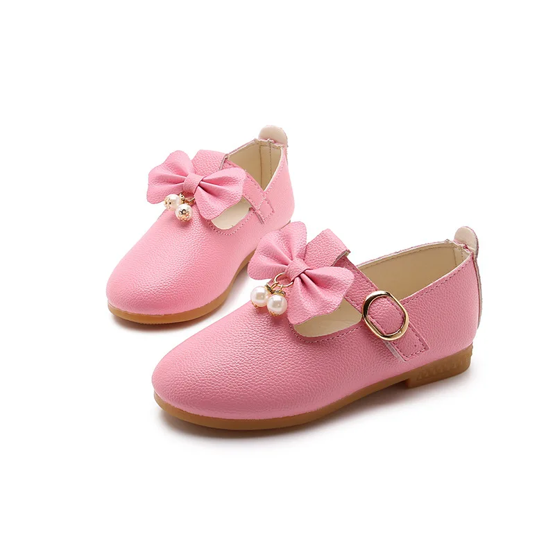 

Girls Leather Shoes Children's Butterfly-knot Pearls Princess Toddler Baby Shoes All Size Spring Autumn Sweet Kids Bowtie Flats