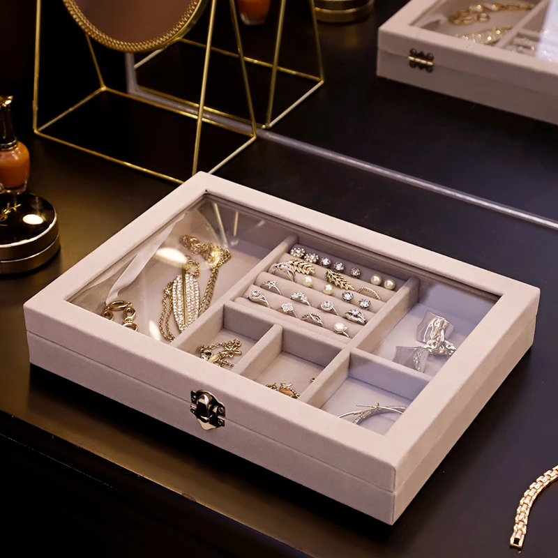 Velvet Gray Carrying Case with Glass Cover Jewelry Ring Display Box Tray Holder Storage Box Organizer Earrings Ring Bracelet