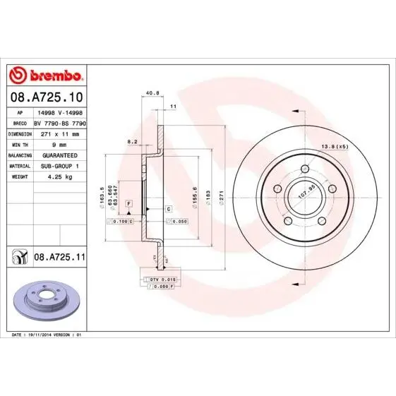 Диск тормозной FORD FOCUS III 11-/C-MAX 10- задний BREMBO 08.A72