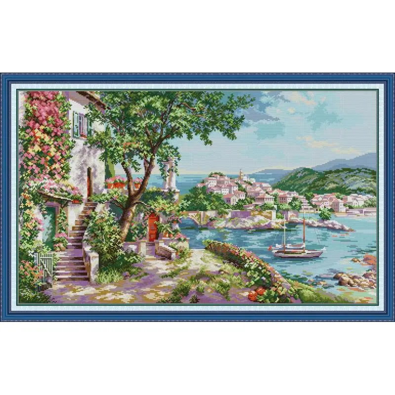 

DIY Mediterranean Scenery Printed Cross Stitch Set 14CT 11CT Canvas Fabric Needle and Thread Embroidery Kit Home Decoration Gift