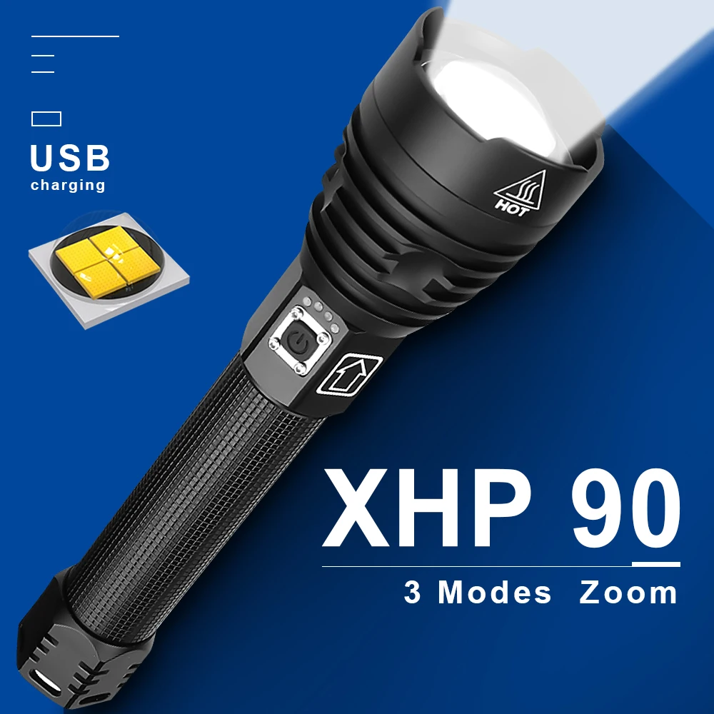 Суперсветильник ный светодиодный фонарик Xhp90 яркий люмен перезаряжаемый от Usb Xhp50
