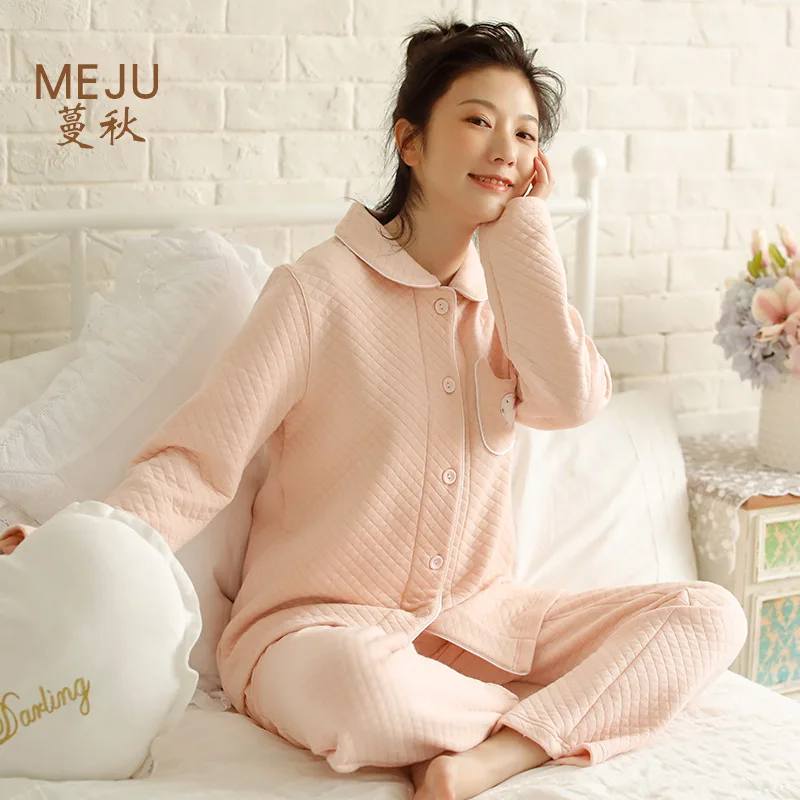 

Meju New Products Simple Small Three Layer plus Cotton Air Layer Women's Long-sleeve Suit Household Pajamas Pajamas