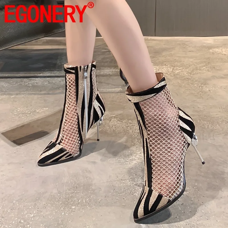 

EGONERY spring new fashion women boots outside high heels mixed colors women shoes pointed toe mesh ankle boots drop shipping