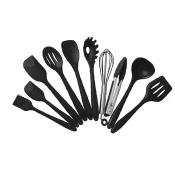 

10Pcs Heat-Resistant Non-Stick Silicone Cooking Utensils With Solid Core Baking BBQ Cooking Tool Kit(Black)
