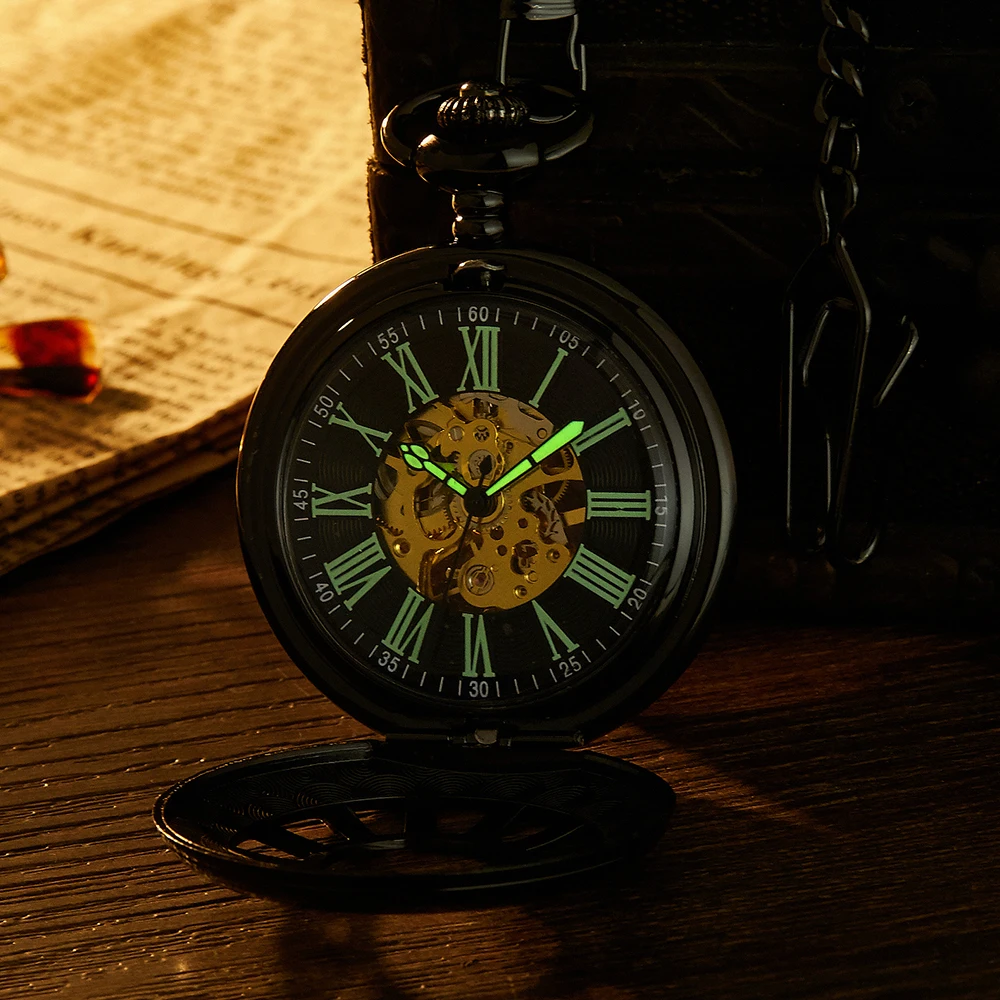 Luminous Mechanical Pocket Watch Hollow Black Dial Hand-Winding Men Pendant Collection Fob Chain Watch Skeleton Steampunk Clock