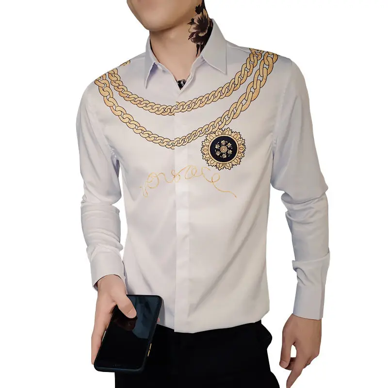 Gold Print Luxury Men Shirt Casual Slim Fit Long Sleeve Male Dress Shirts Club Work Vintage Tuxedo Shirt Camisa Social Masculina