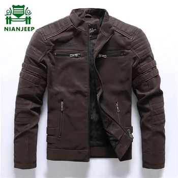 

High Quality Mens Faux Leather Jacket Winter Fleece Keep Warm Motorcycle PU Leather Jackets Male Multi-pocket Embroidered Jacket