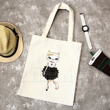 

Fashion Cat Female Model Ladies Handbags Cloth Canvas Book Bag Shopping Travel Women Eco Reusable Shopper Bags Bolsas De Tela