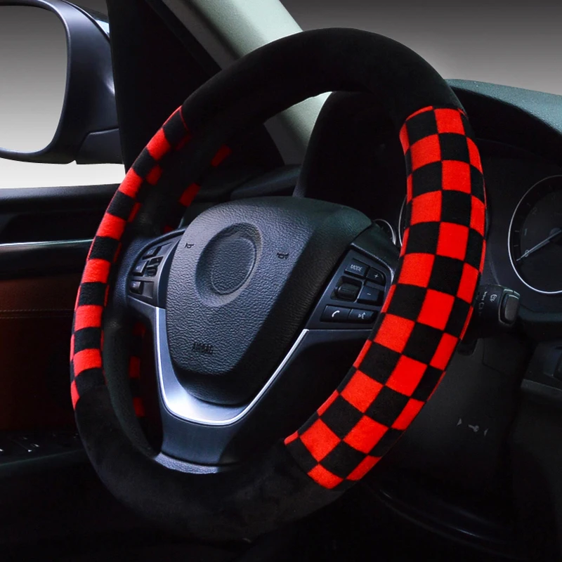 

Fashion Car Steering Wheel Covers Case Black and White Plaid Short Plush Exquisite Universal Handlebar Cover Auto Accessories
