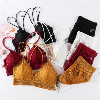 

Sexy Lace Hollow out Underwear Suit 2020 New Comfy Skin-friendly Solid Color Bra Briefs Set Women 2 Pcs Lingerie Suit