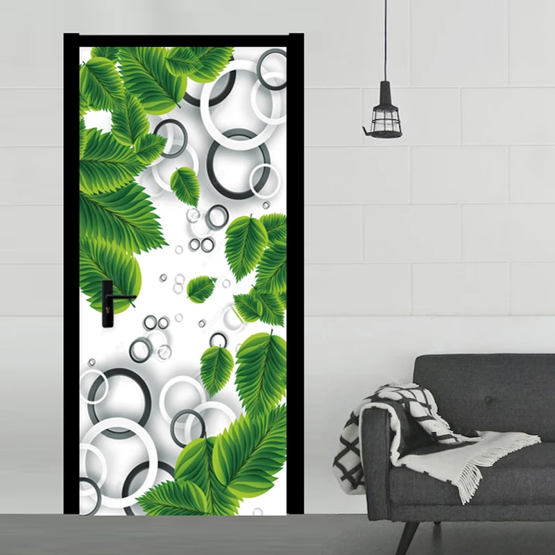 

PVC Self-Adhesive Waterproof Wallpaper 3D Stereo Circle Green Leaf Door Sticker Creative DIY Home Decor Wall Sticker Door Poster