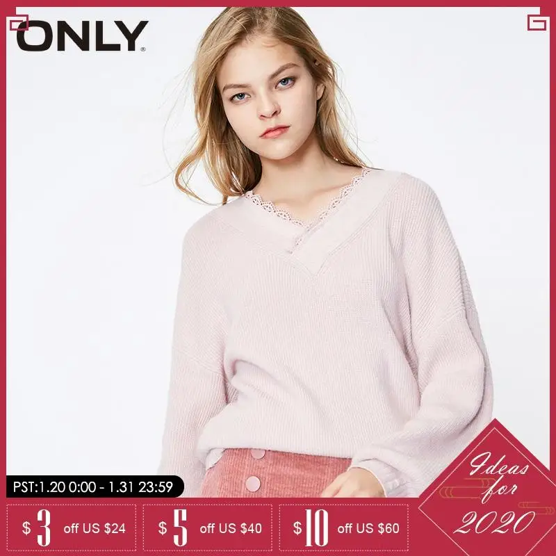 

ONLY Women Loose Fit Pure Color Balloon Sleeves V-neckline Pullover Sweater | 119113531