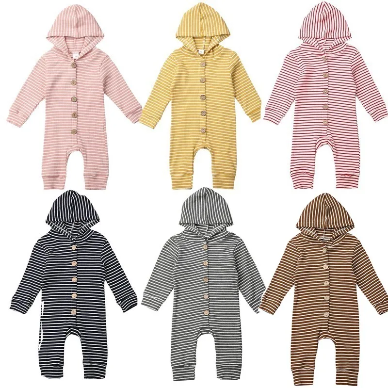 

Newborn Baby Kids Boy Girl Autumn Winter Hooded Striped Knitted Romper Jumpsuit Clothes Outfits 6 Colours