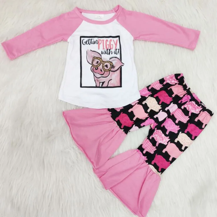 

New pink pig design long-sleeved flared pants color pig print yll