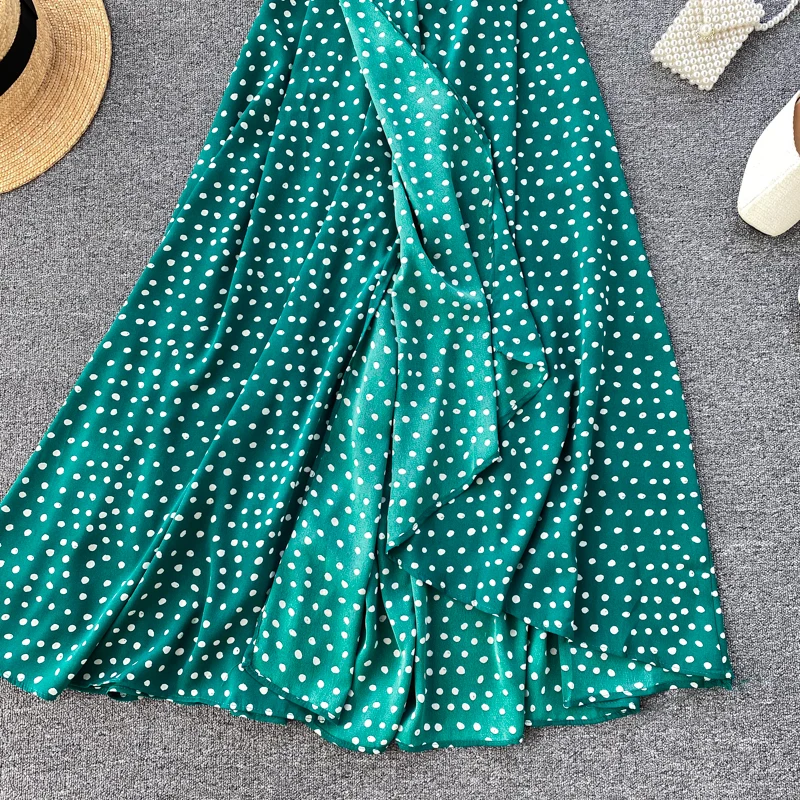 SINGRAIN Women Irregular Polka Dot Long Dress V Neck Chiffon Ruffle Sleeve Boho Midi Long Dress Summer A-line Beach Dress 2020