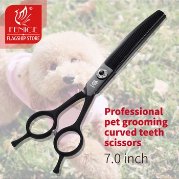 

Fenice 7.0 inch Professional Dog Grooming Curved Thinning Teeth Black Japan 440C Shears for Dogs Thinning Rate 25%