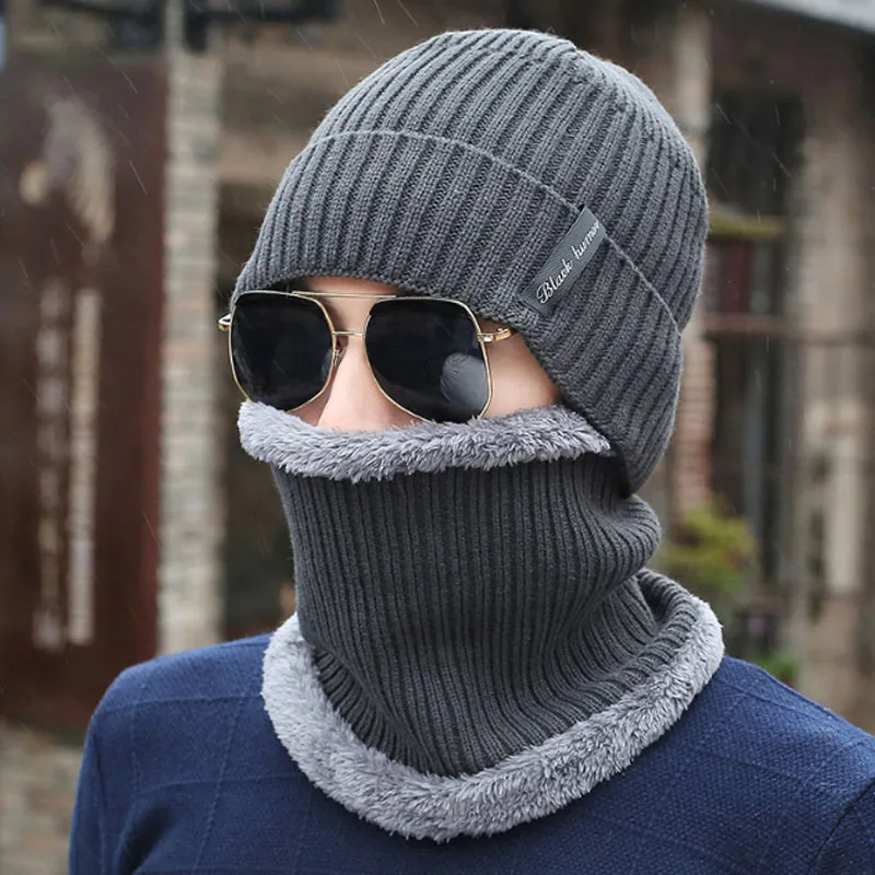 Grey set Шапочка Вязаная шарф 2шт теплый с комплектом мужская шапка зимняя - Цвет: Grey set