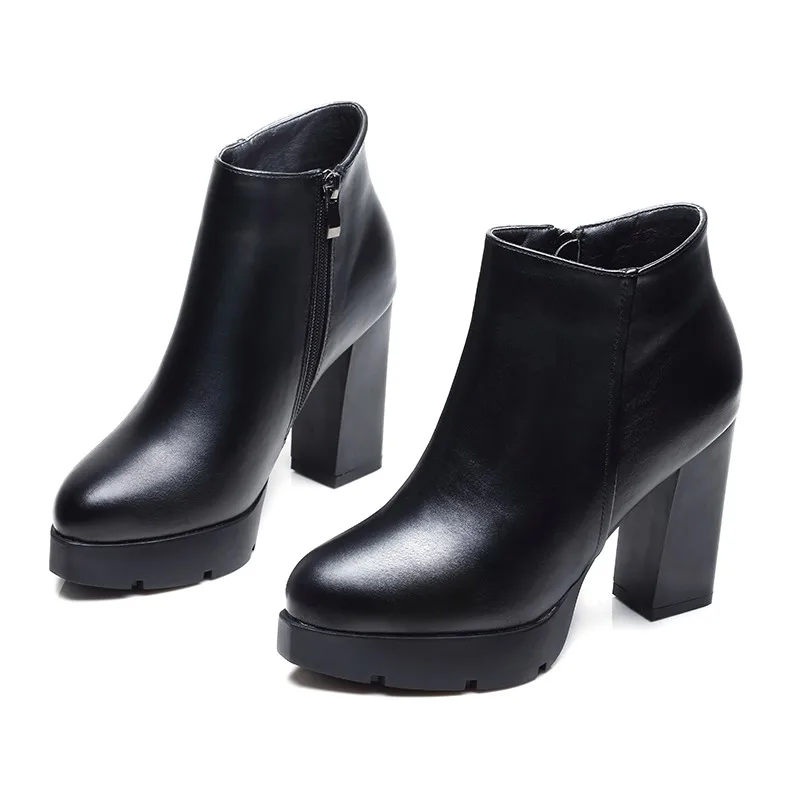 Женские кожаные ботильоны на шпильке черные ботинки из мягкой кожи с круглым