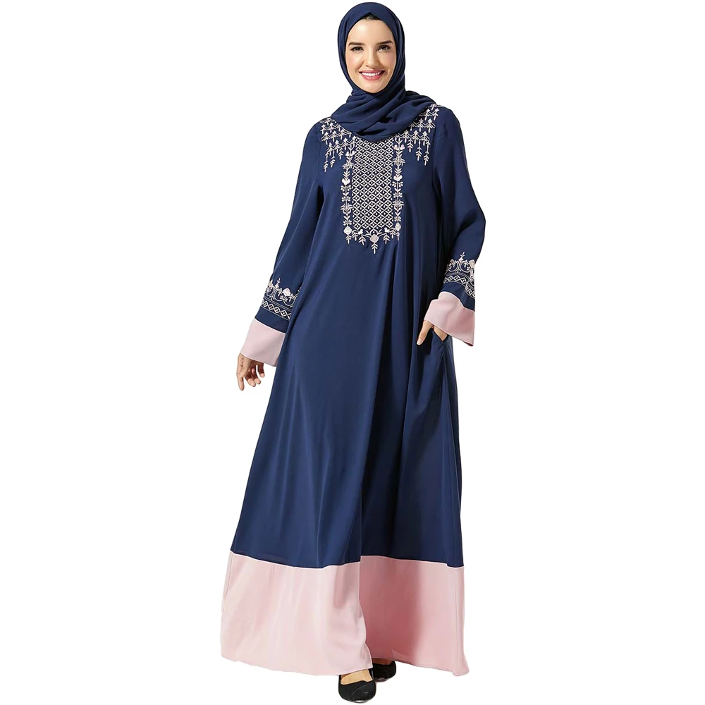 Абайя Дубай Кафтан женское мусульманское платье вышивка Длинное Макси исламский халат кафтан арабский турецкий лоскутное молитва Рамадан платье новое - Цвет: Синий