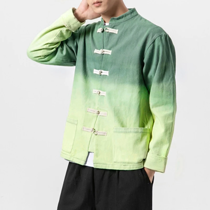 INCERUN Retro Men Shirt Button Up Stand Collar Gradient Long Sleeve Cotton Vintage Ethnic Style Casual Shirts Streetwear Camisa