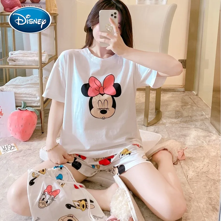 Disney Mickey Minnie Women Pajamas Set Summer Cute Cartoon Short Sleepwear Girls Comfortable Home Clothes women printed cartoon sexy sleepwear round neck lingerie cute nightdress one piece thin summer female pajamas nighty home wear