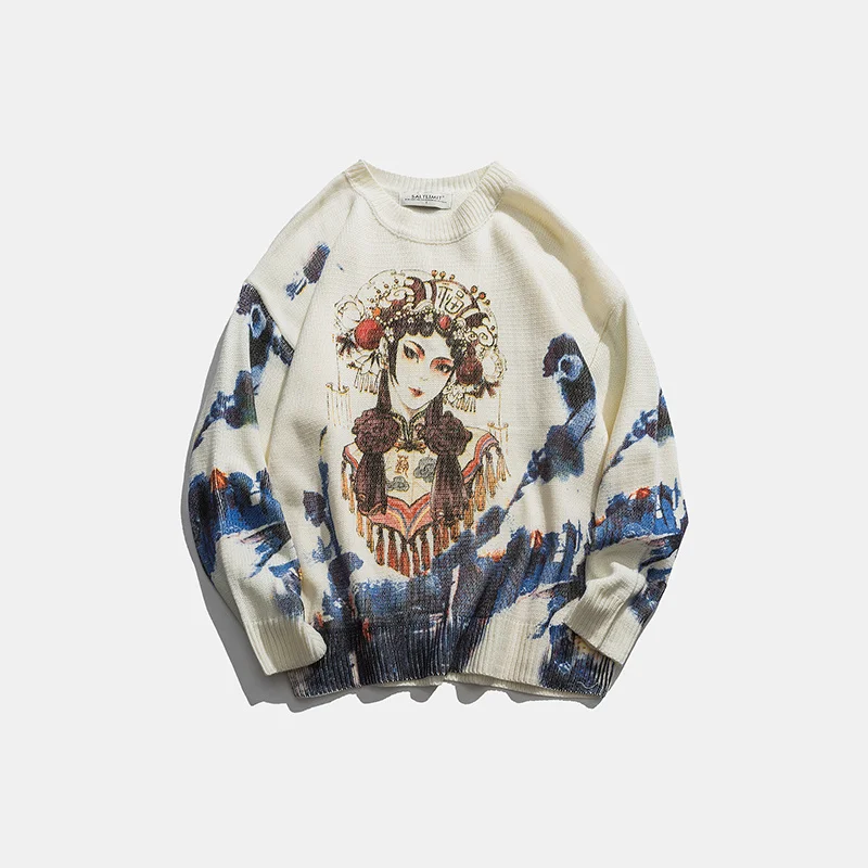 ZAZOMDE Casual Men Sweater O neck Beijing Opera Pattern Pullovers  Knittwear Autumn Sweaters Mens Loose Pullovers Men